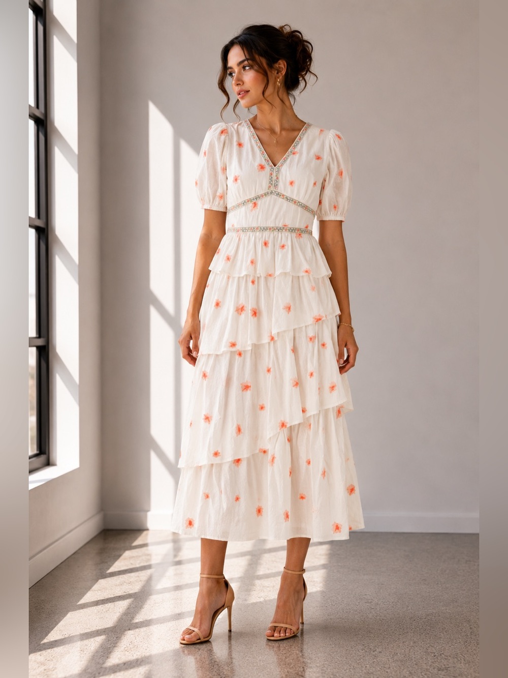 NWOT Tiered White Maxi Dress with Coral Floral Embroidery